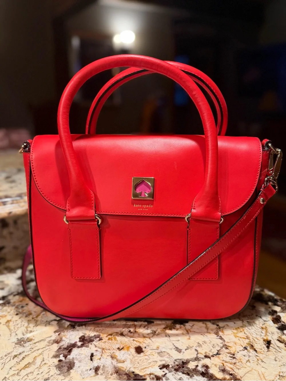 kate spade Bond St. Red Leather Top-Handle Satchel Crossbody Strap Pink Accents